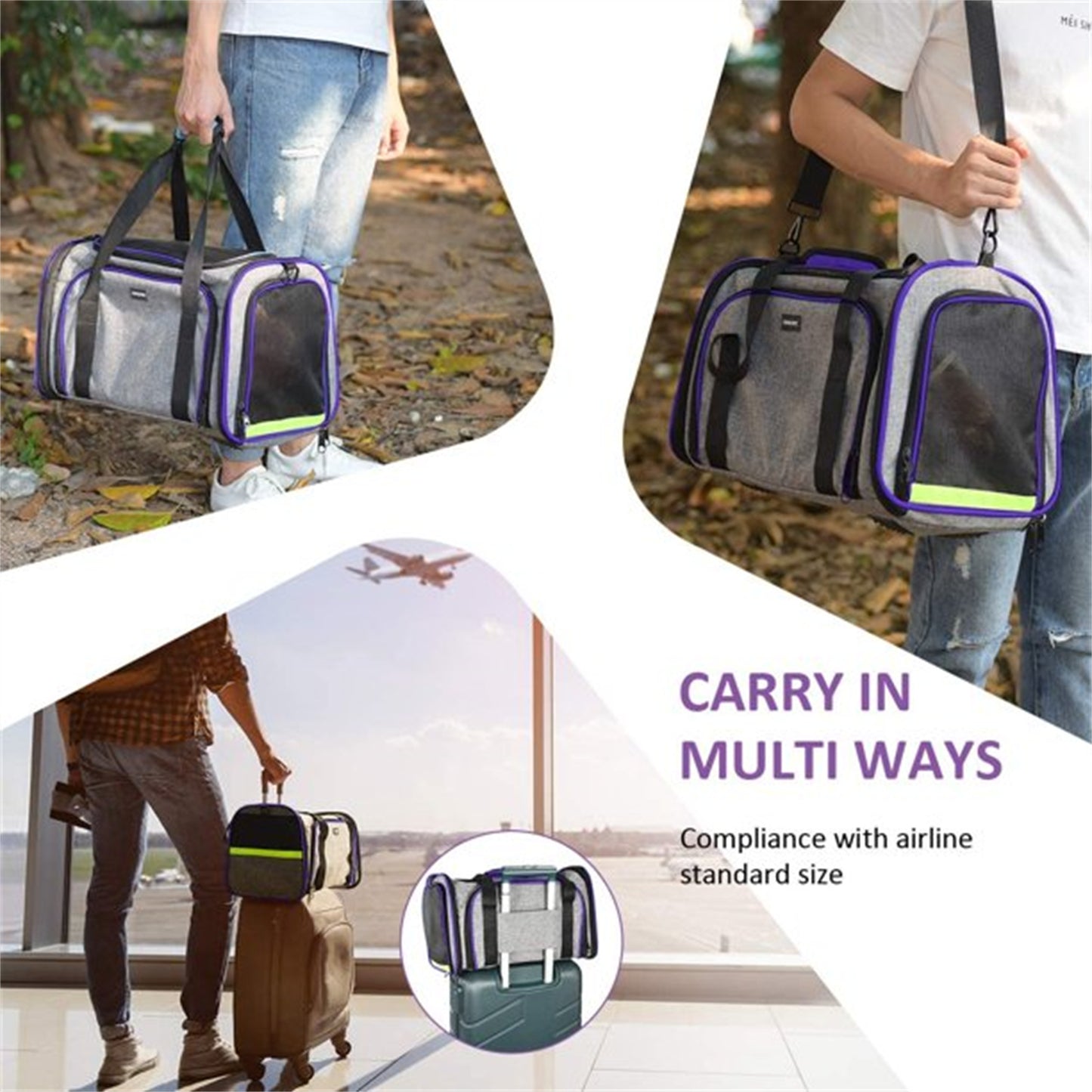 Pet Travel Bag Safe Airline Approved Expandable Foldable Soft-Sided Dog Carrier 3 Doors 2 Reflective Tapes